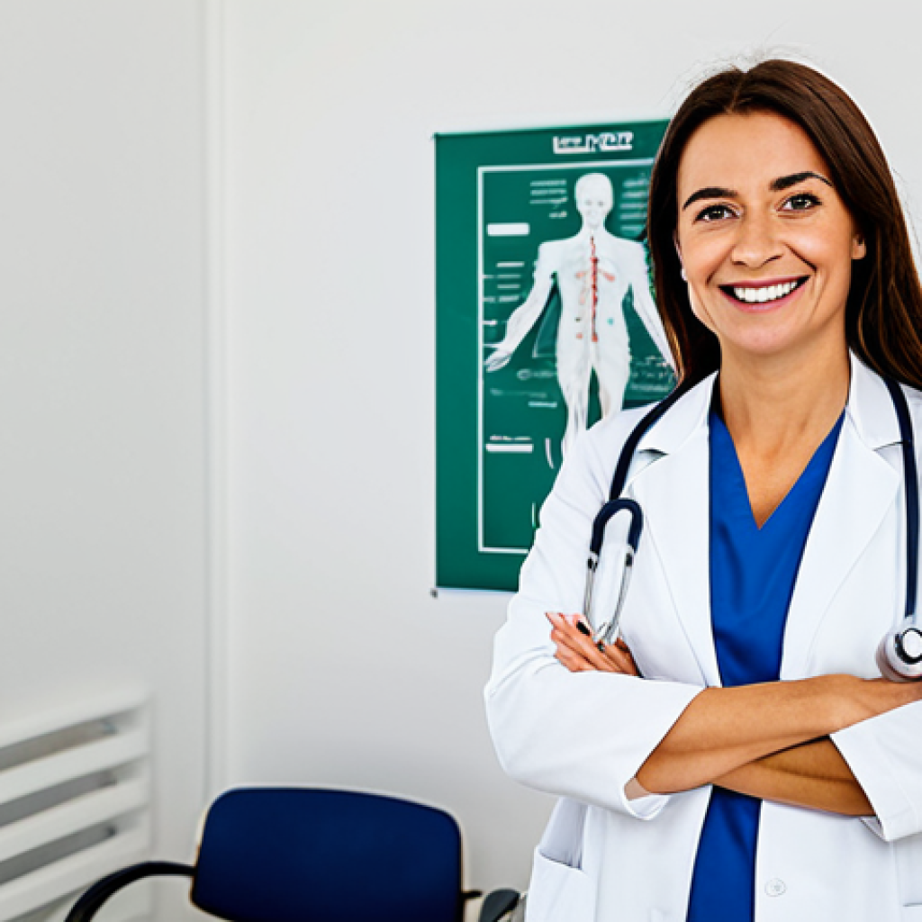 **

"A friendly family doctor in a clean, modern clinic in Lisbon, Portugal.  She is wearing a white coat and a stethoscope, smiling warmly at the viewer. The office is bright and cheerful, with medical charts and models visible in the background. Fully clothed, appropriate attire, safe for work, perfect anatomy, natural proportions, professional photography, high quality."

**