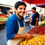 Home 20 스페인어 숫자 쓰는 법 - **Vibrant Market Negotiation (Learning "Quince"):**
A bright, wide-angle shot of a young adult, ...