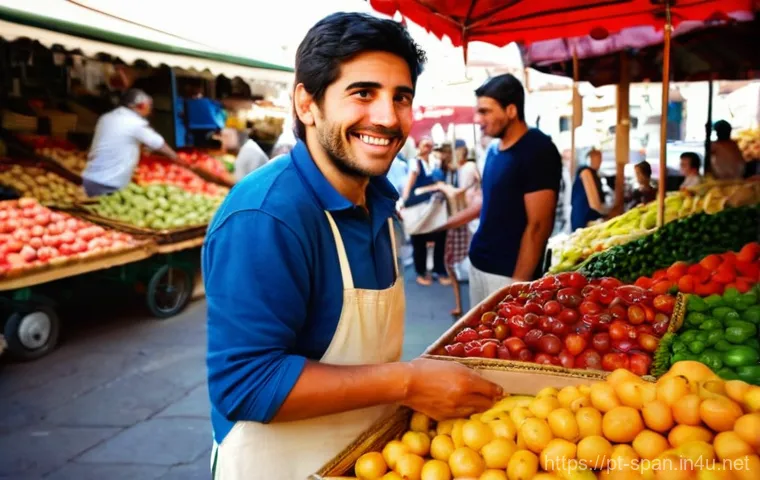 스페인어 숫자 쓰는 법 - **Vibrant Market Negotiation (Learning "Quince"):**
    A bright, wide-angle shot of a young adult, ...