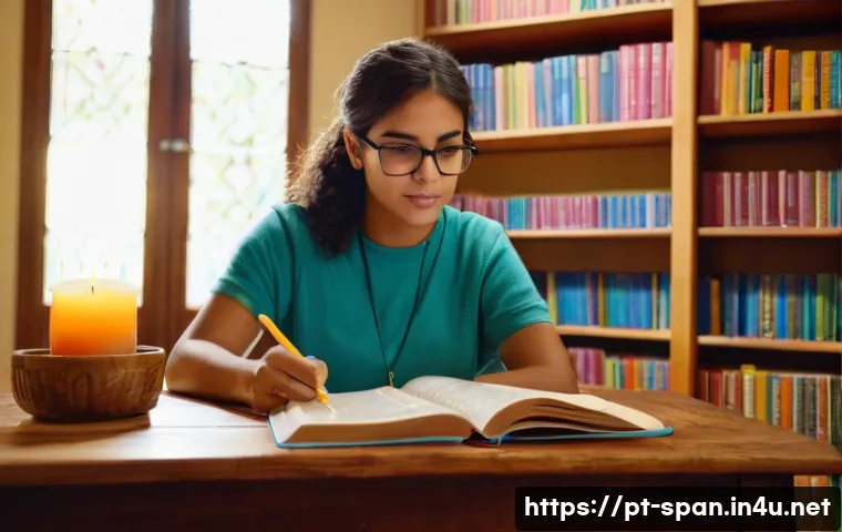 스페인어 성경 읽기 - A warm, cozy study room bathed in soft natural light with a young adult Hispanic woman sitting at a ...