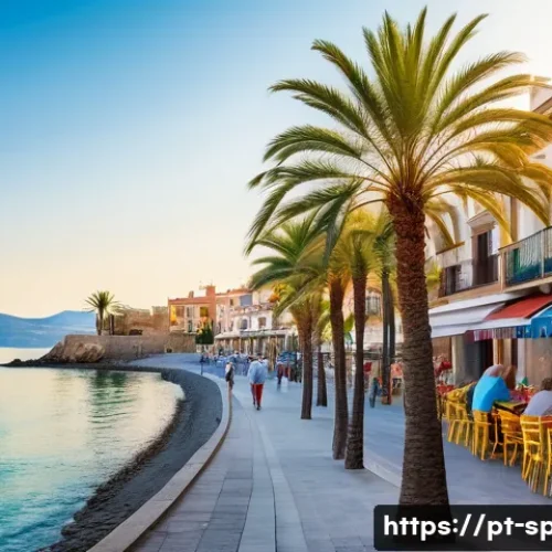Home 15 스페인어권에서 은퇴 생활 - A peaceful coastal town in Spain during a warm summer morning, featuring a charming seaside promenad...