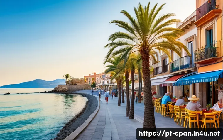 스페인어권에서 은퇴 생활 - A peaceful coastal town in Spain during a warm summer morning, featuring a charming seaside promenad...