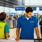 Home 18 스페인어 공항에서 유용한 표현 - A busy airport check-in counter scene featuring a polite Brazilian traveler, casually dressed and ho...