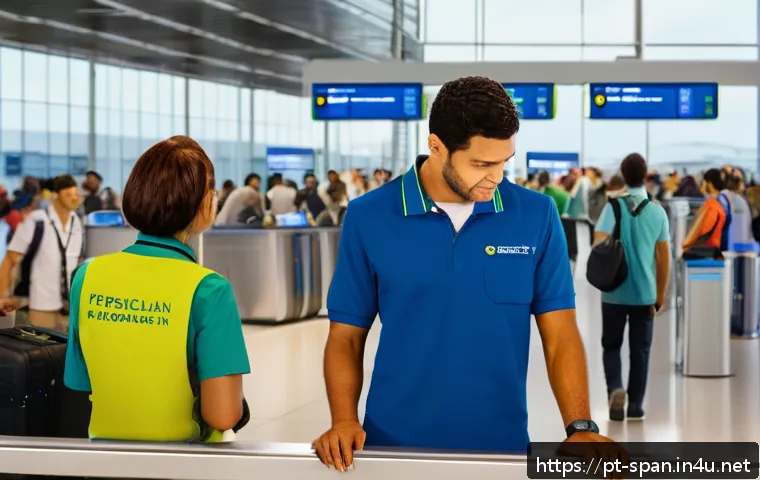 스페인어 공항에서 유용한 표현 - A busy airport check-in counter scene featuring a polite Brazilian traveler, casually dressed and ho...