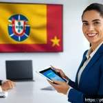 Home 23 스페인어 공인 시험 점수 변환 - A professional Brazilian businesswoman confidently participating in a virtual international meeting,...