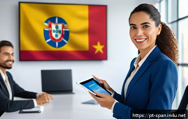 스페인어 공인 시험 점수 변환 - A professional Brazilian businesswoman confidently participating in a virtual international meeting,...